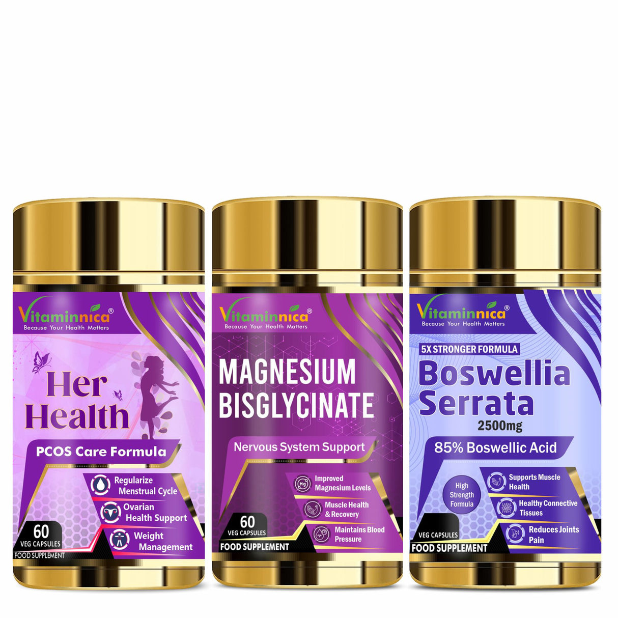 Vitaminnica Her Health+ Magnesium Bisglycinate+ Boswellia Serrata- Combo Pack| 180 Capsules