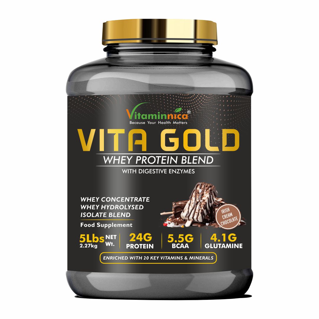 Vitaminnica Vita Gold Whey Protein Blend- Irish Cream Chocolate Flavour | Whey Concentrate, Hydrolysed, Isolate Blend | 5 Lbs- 75 Servings