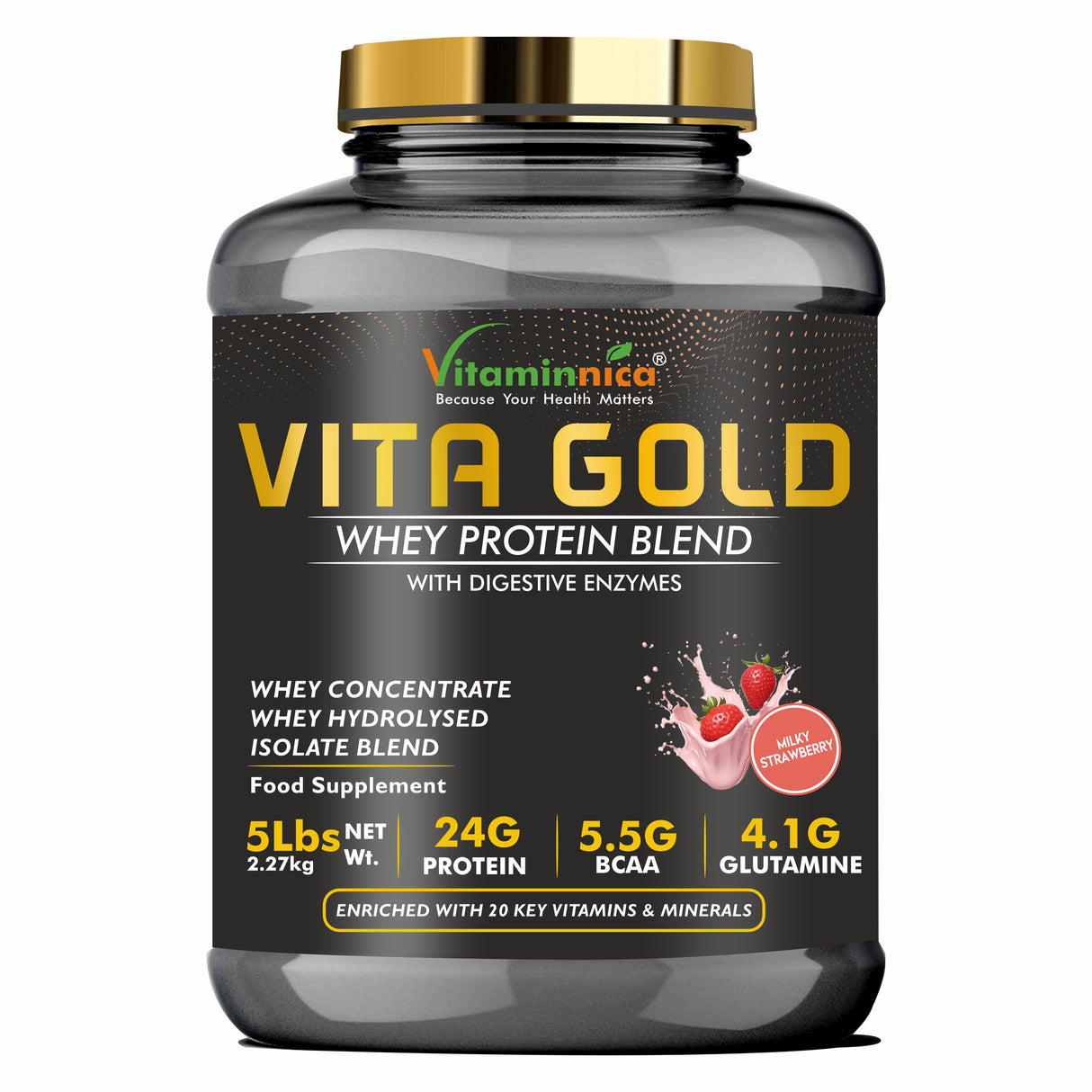 Vitaminnica Vita Gold Whey Protein Blend | Whey Concentrate, Hydrolysed, Isolate Blend | 5 Lbs- 75 Servings