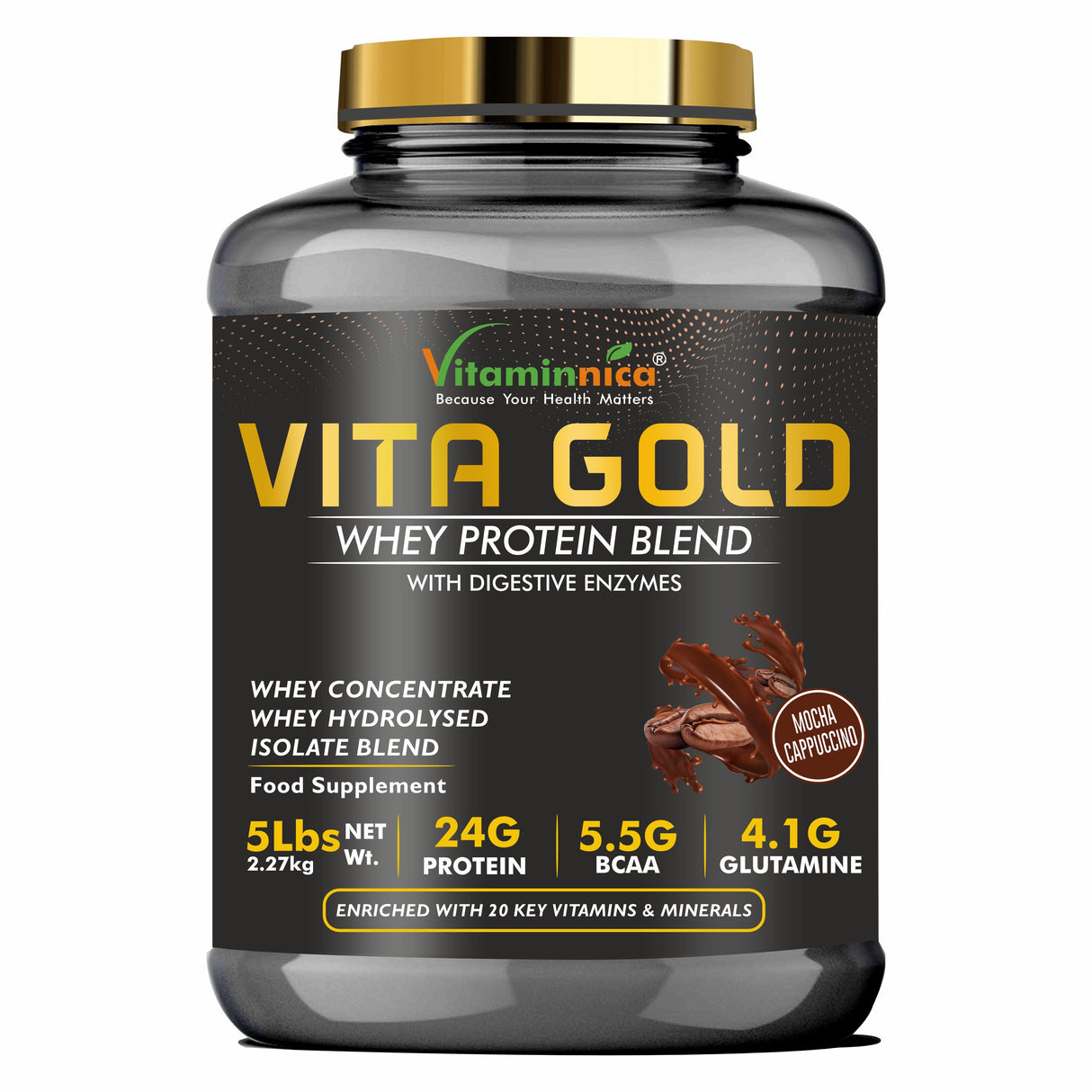 Vitaminnica Vita Gold Whey Protein Blend | Whey Concentrate, Hydrolysed, Isolate Blend | 5 Lbs- 75 Servings