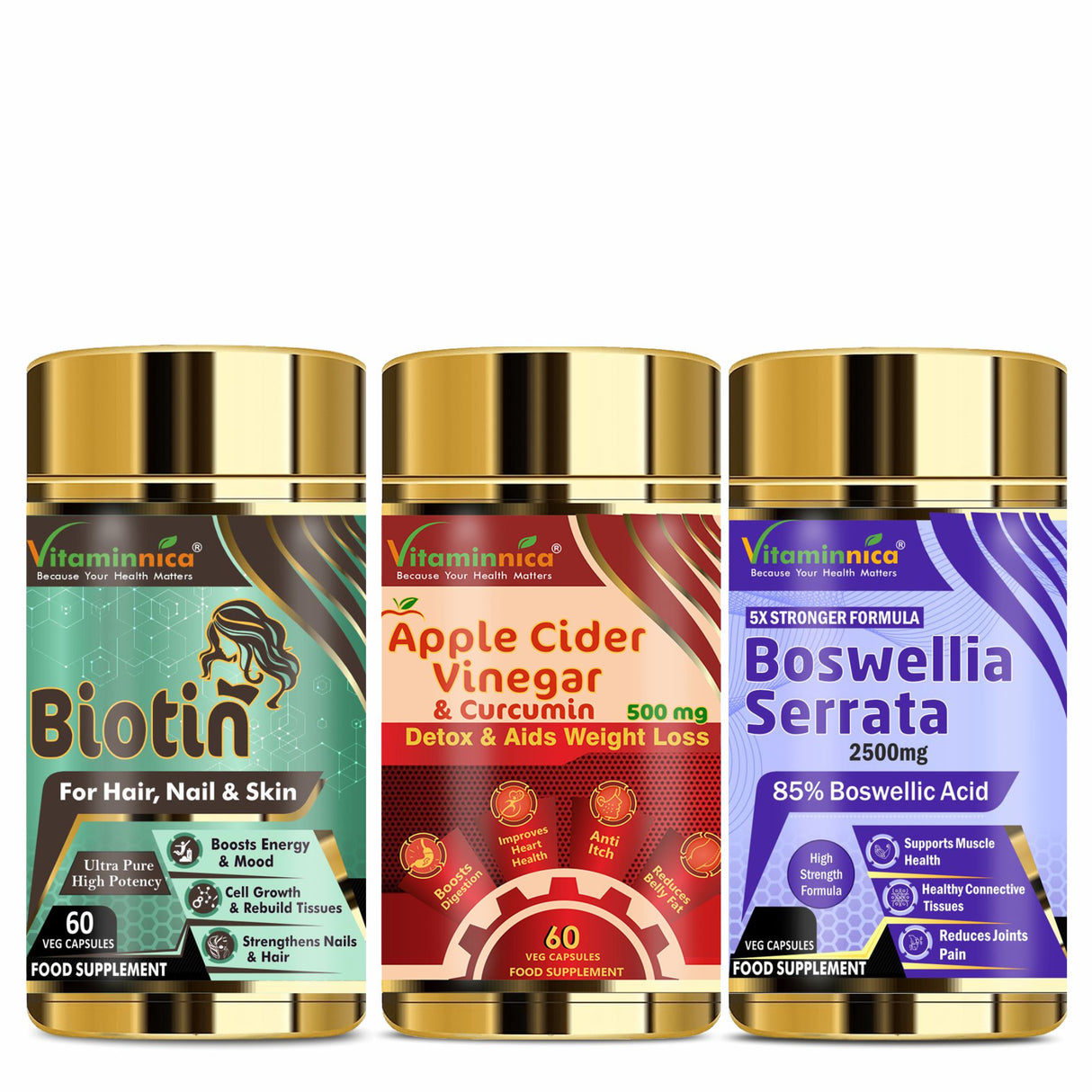 Vitaminnica Biotin+ Apple Cider Vinegar & Curcumin+ Boswellia Serrata- Combo Pack| 180 Capsules