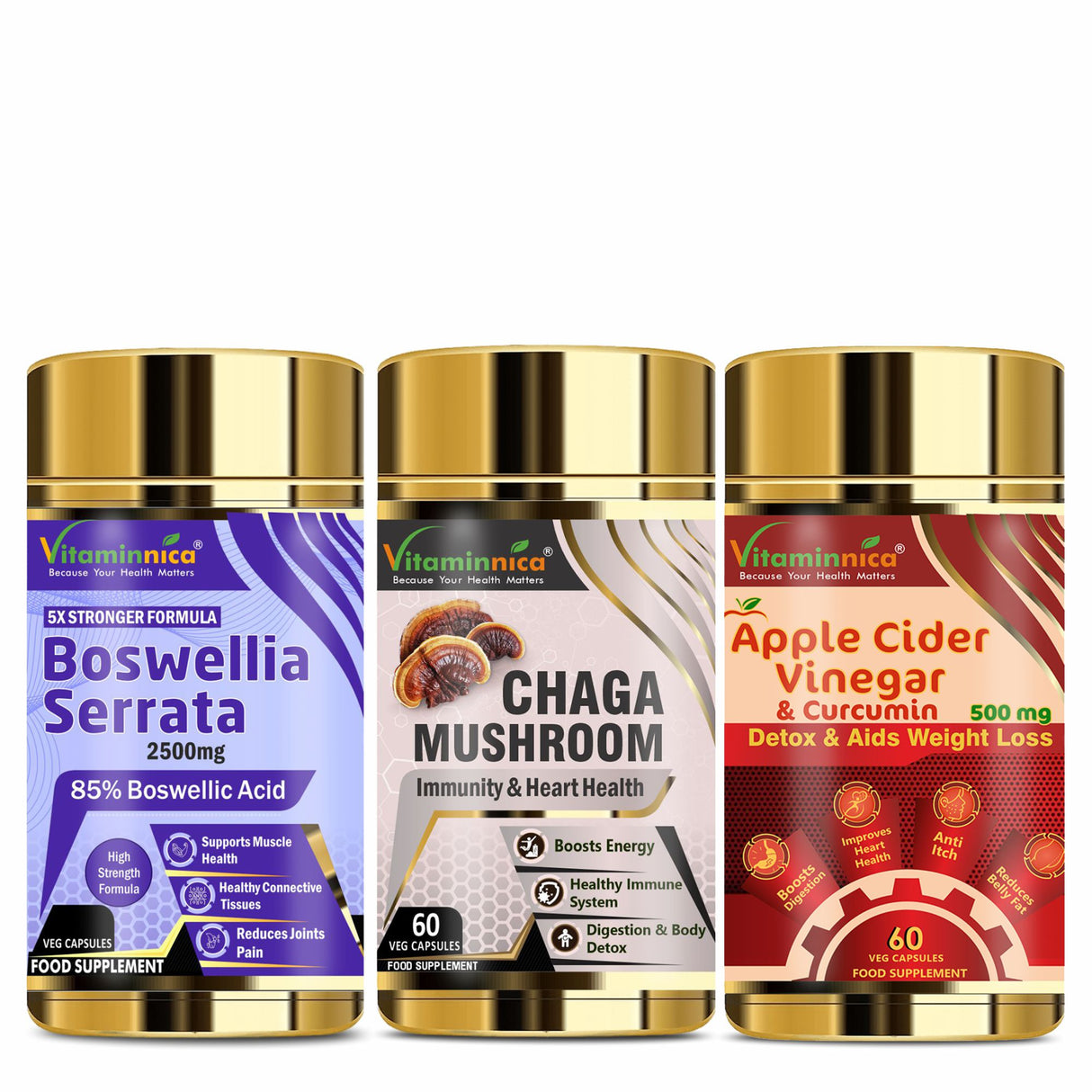 Vitaminnica Boswellia Serrata+ Chaga Mushroom+ Apple Cider Vinegar & Curcumin- Combo Pack | 180 Capsules