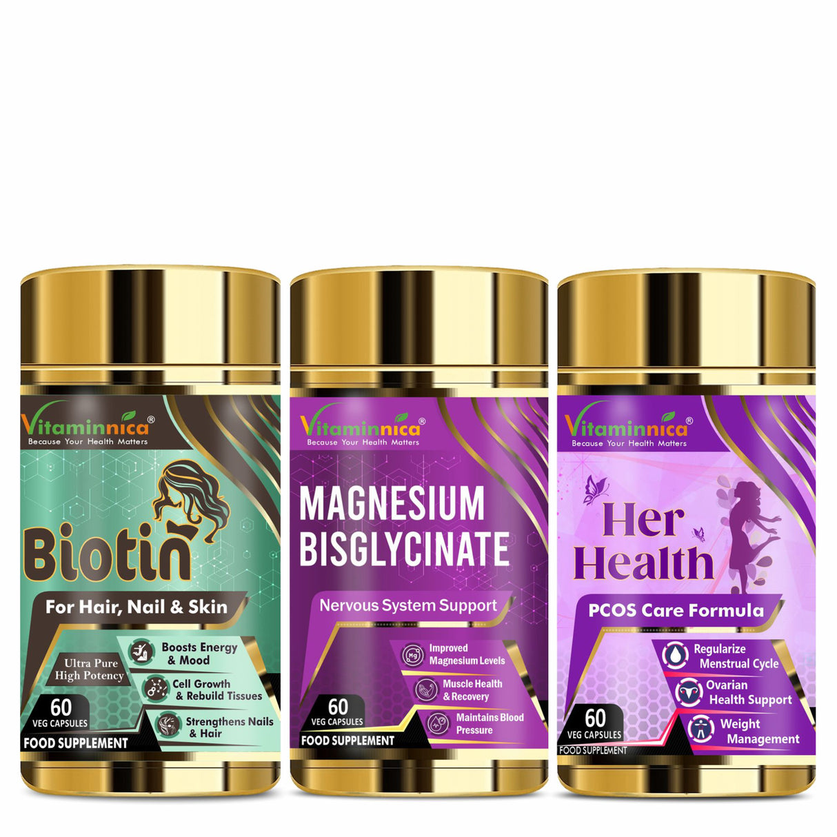 Vitaminnica Biotin+ Magnesium Bisglycinate+ Her Health- Combo Pack| 180 Capsules