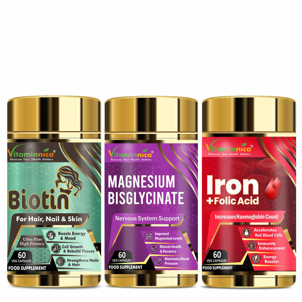 General Wellness Bundle-Vitaminnica Biotin+ Magnesium Bisglycinate+ Iron+Folic Acid- 180 Capsules