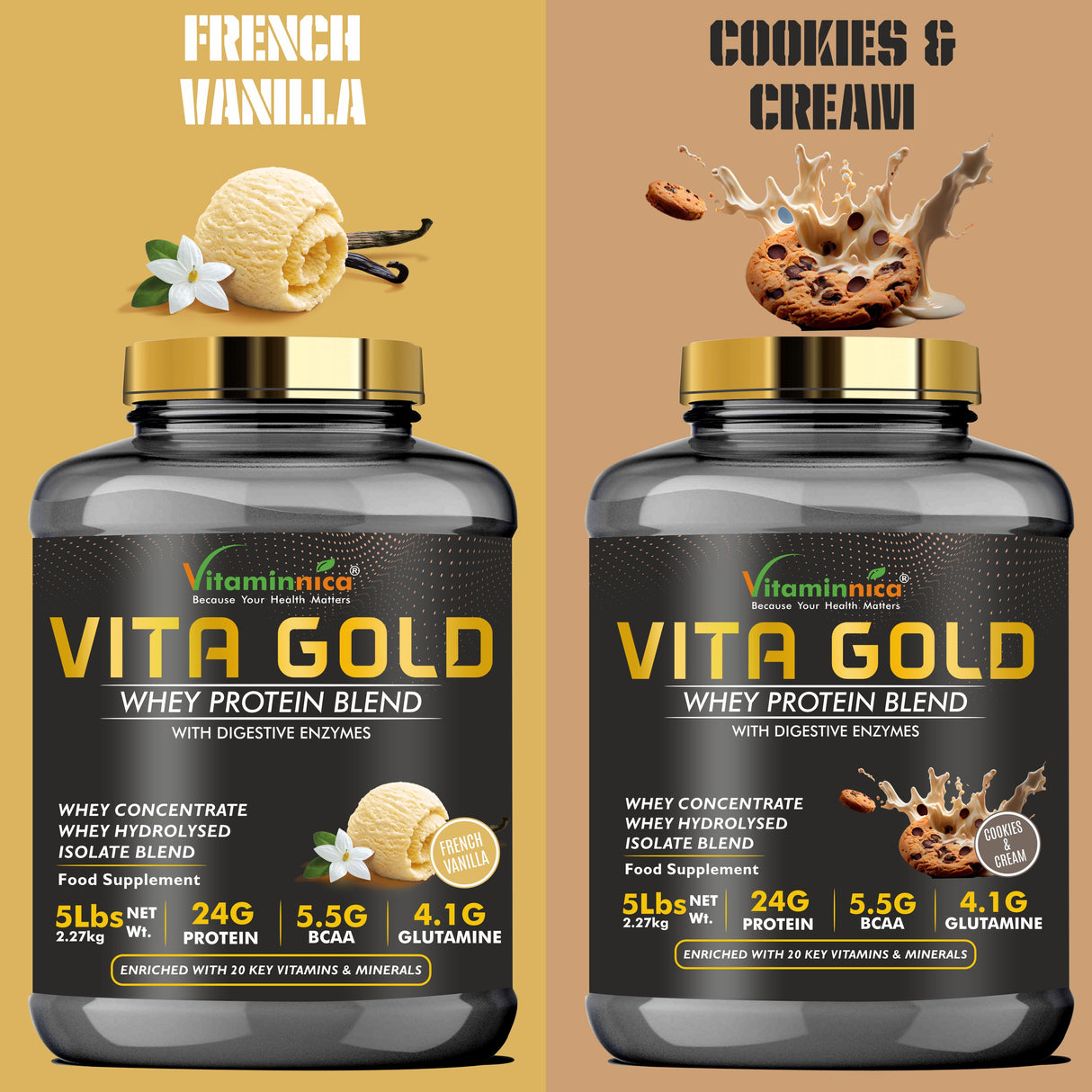 Vitaminnica Vita Gold Whey Protein Blend- Irish Cream Chocolate Flavour | Whey Concentrate, Hydrolysed, Isolate Blend | 5 Lbs- 75 Servings